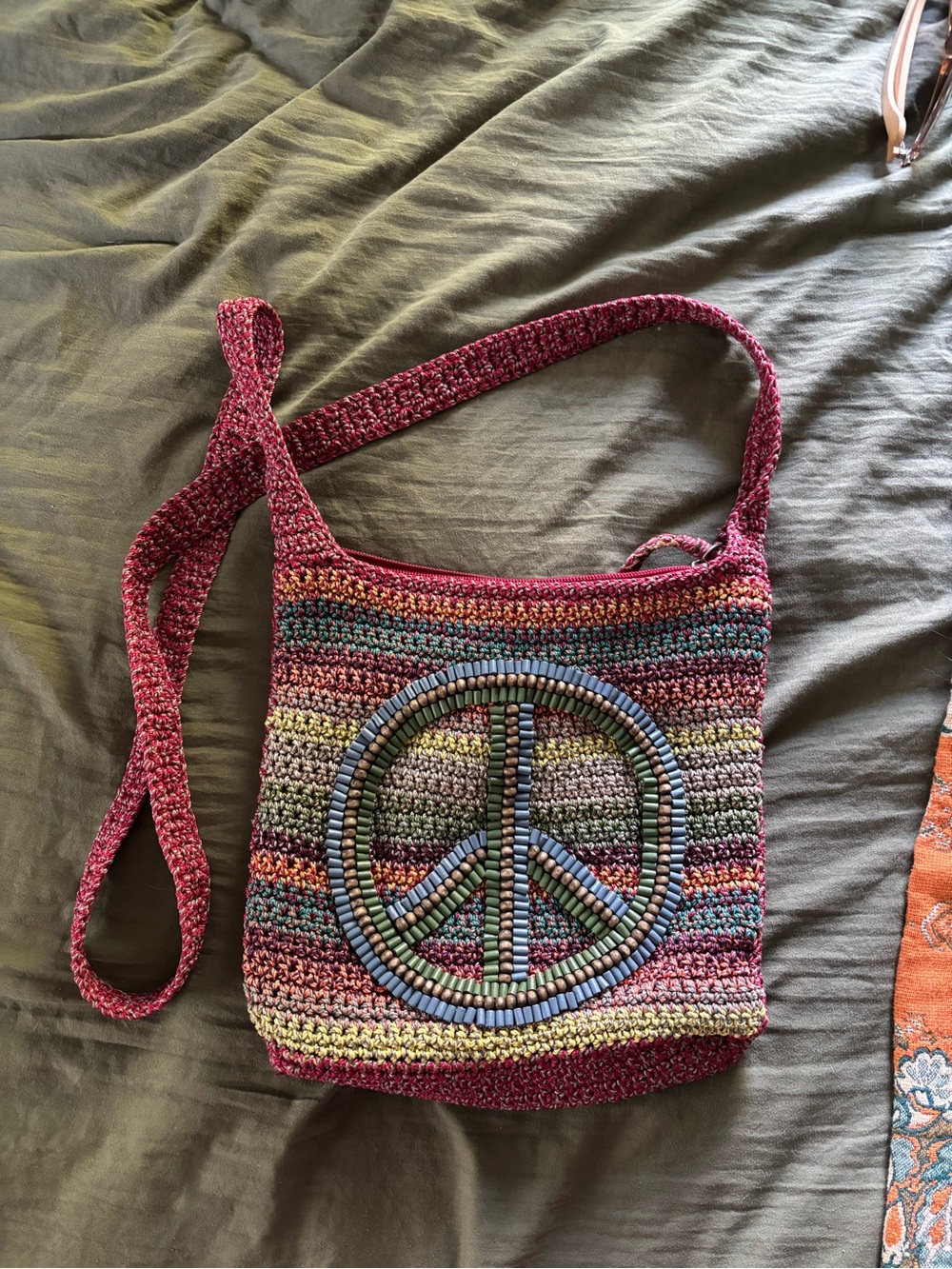 Boho Multicolor Crochet Crossbody Bag with Peace Sign